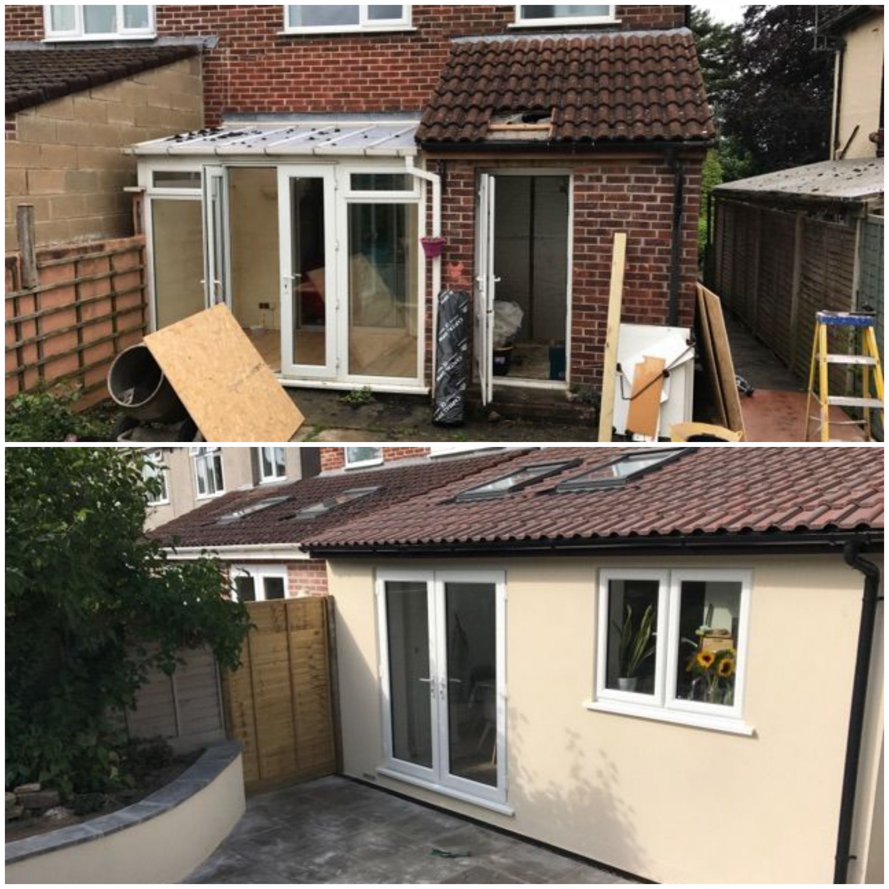Rear extension with kitchen and new patio with retaining garden wall