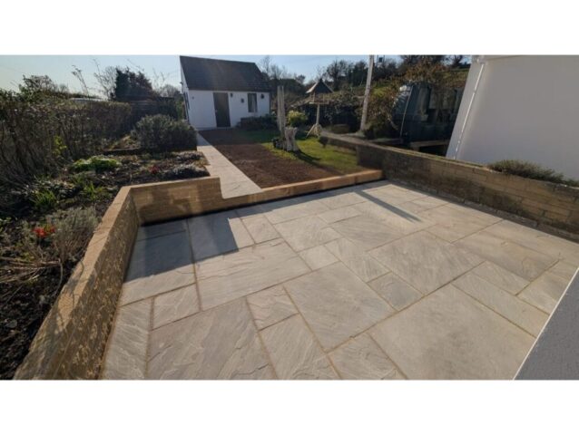 Garden landscaping around new extension and porch